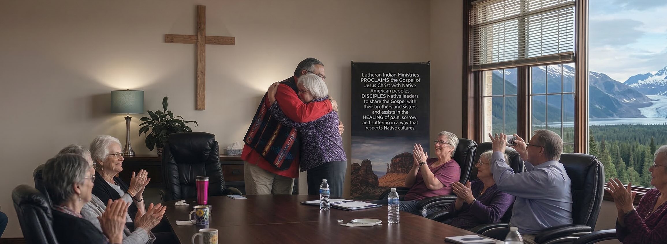 Healing group participants embracing during a session